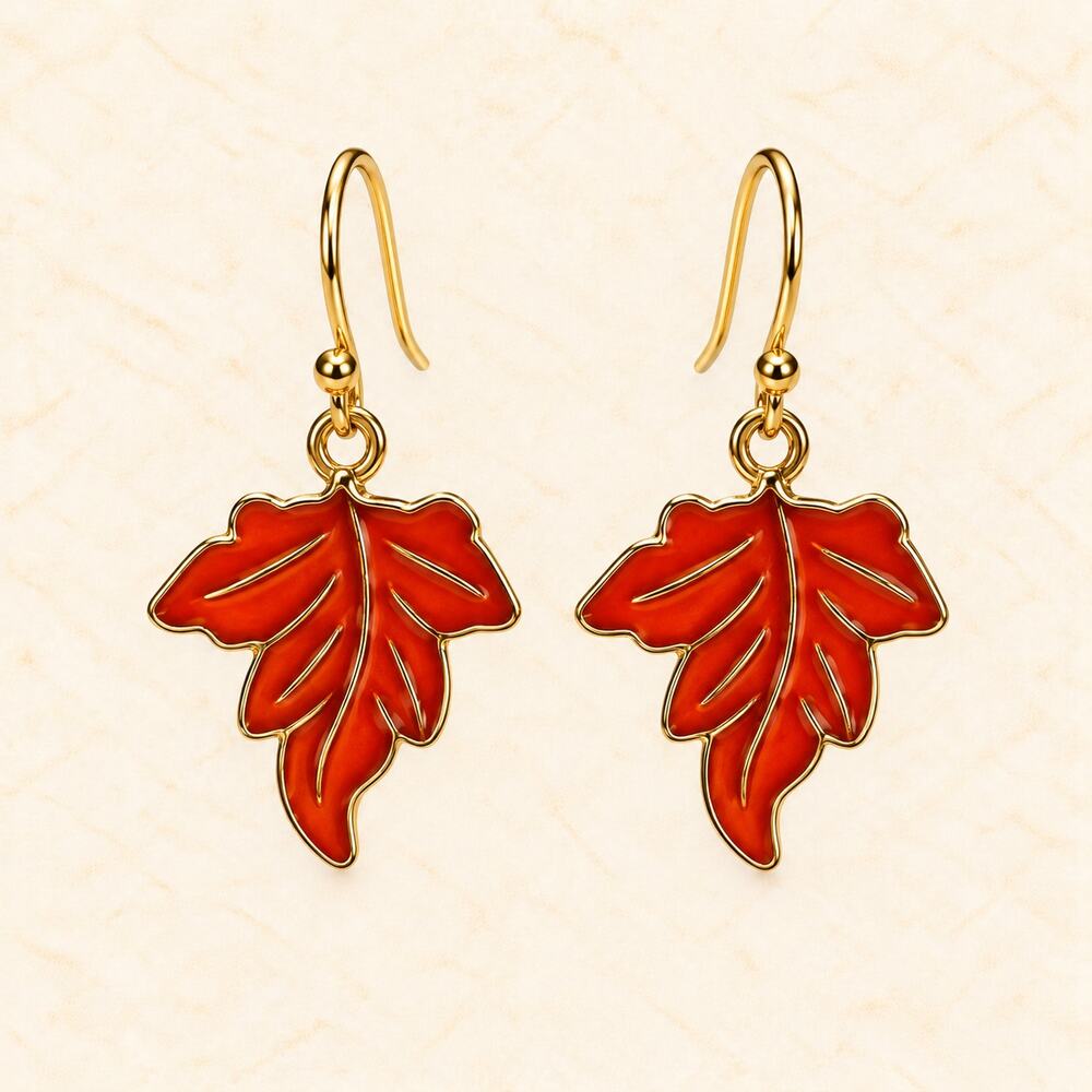 Orange Enamel Maple Leaf Dangle Earrings Gold Tone Fall Autumn Jewelry E522